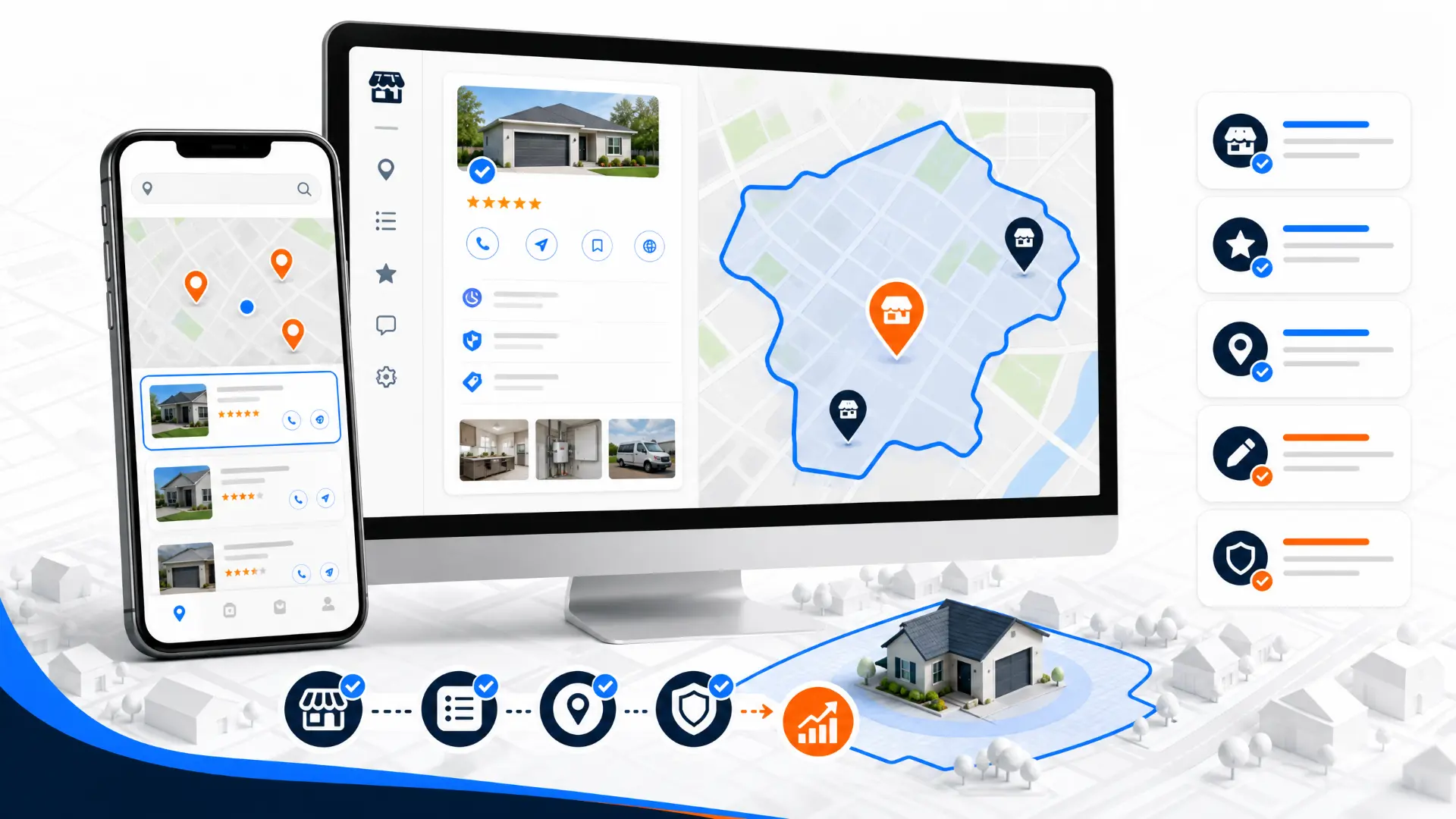 Local search map pack infographic showing rankings, reviews, and service area coverage