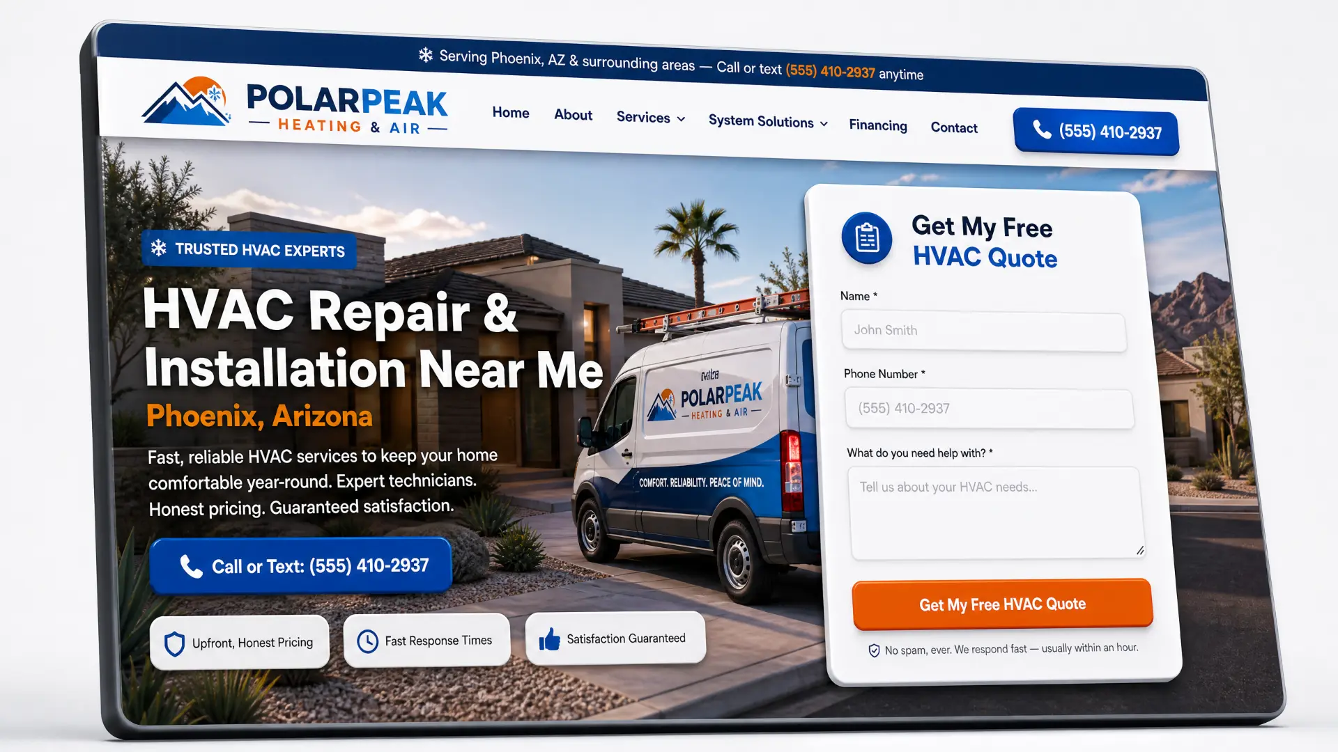 HVAC company website mockup built to generate local leads