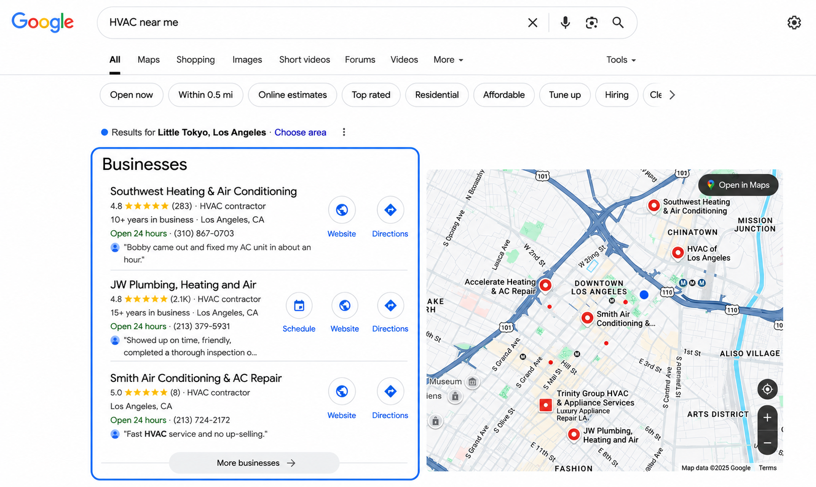 Google local search results showing HVAC businesses in the map pack